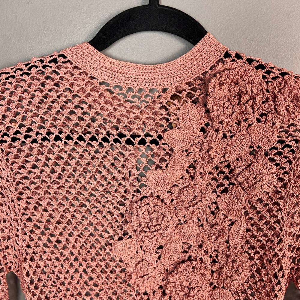 All over net crochet top Large Y2k Arden B Long Sleeve Flower Pink Cottagecore - Picture 2 of 10